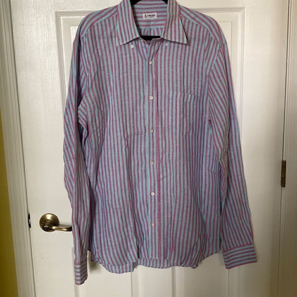 Mens L’Ancora Portofino Linen Shirt, Light Blue and pink Striped, Size 45/18.